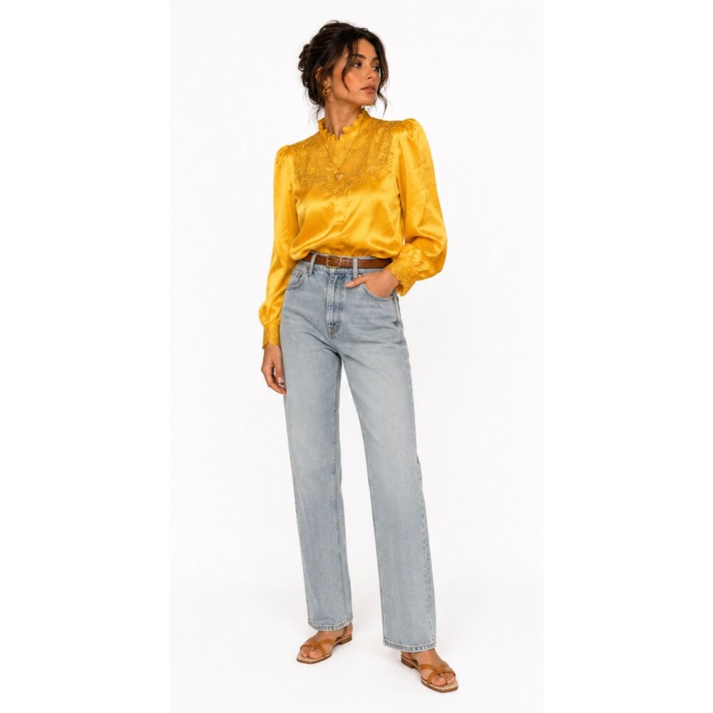Vintage 80s Peony 100% Silk Hand Embroidered Gold Mandarin Blouse NWT M